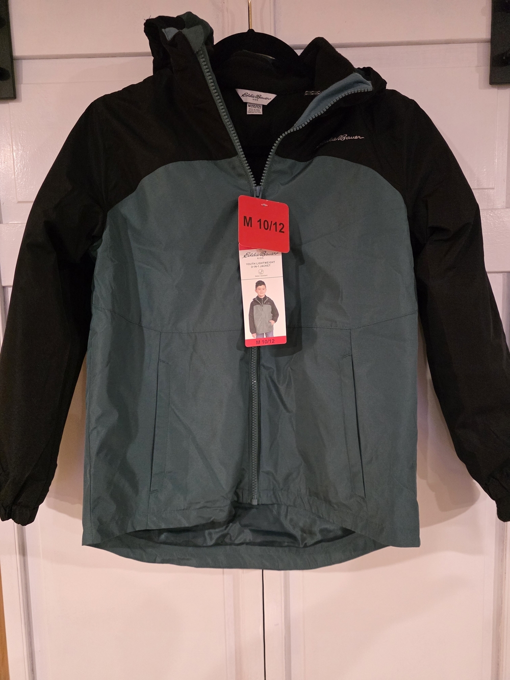 Eddie Bauer Men’s Black and Teal Hooded Raincoat
